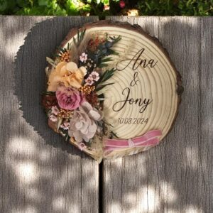 Placa para alianzas - Tronco BODAS PERSONALIZADAS LAS PALMAS QUE TIERNO CANARIAS GRABADO Y CORTE LASER MADERA FLORES DETALLES ANILLOS ALIANZAS