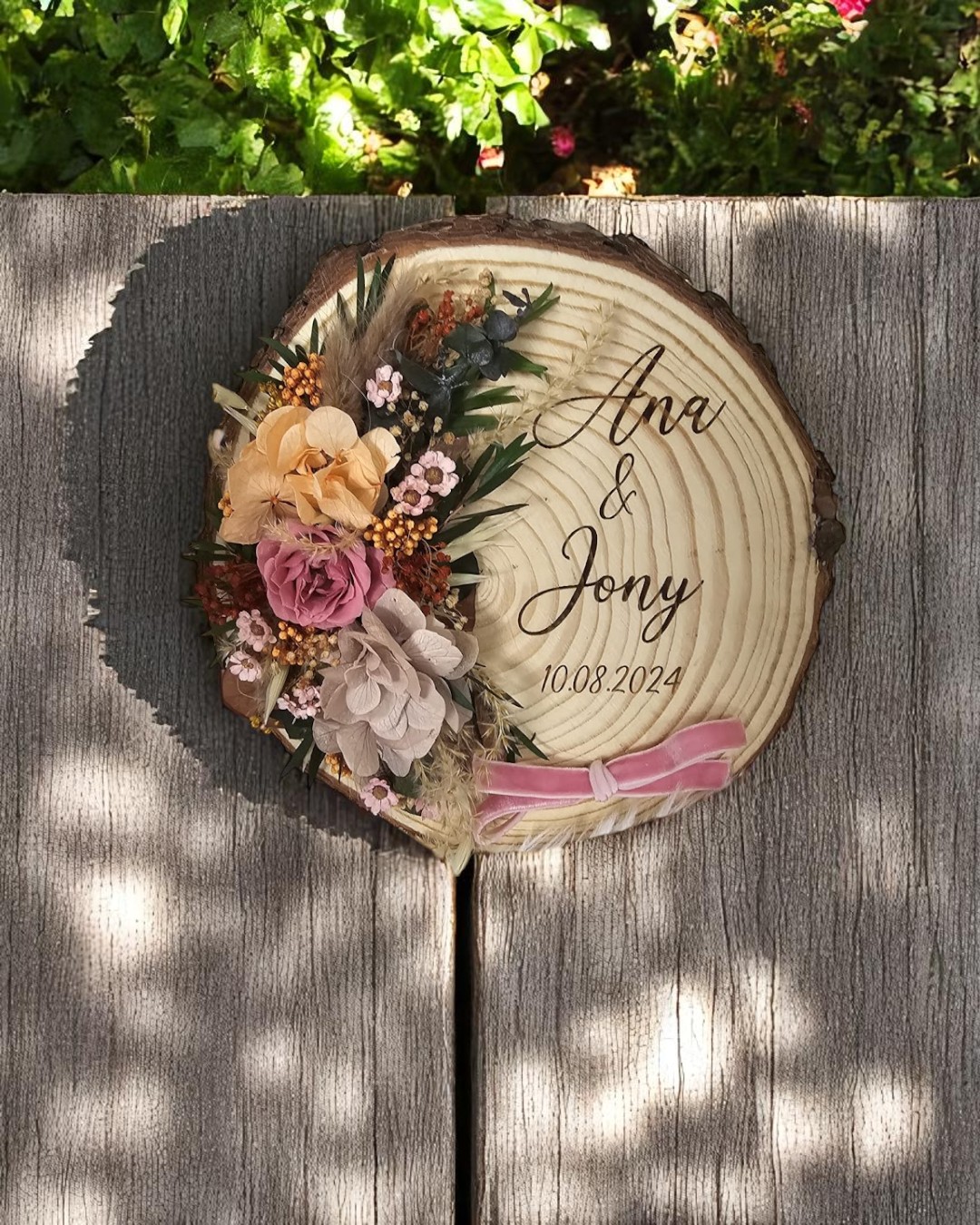 Placa para alianzas - Tronco BODAS PERSONALIZADAS LAS PALMAS QUE TIERNO CANARIAS GRABADO Y CORTE LASER MADERA FLORES DETALLES ANILLOS ALIANZAS